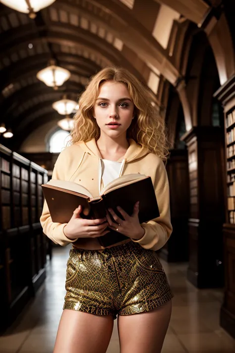 a woman in a library holding a book and posing for a picture