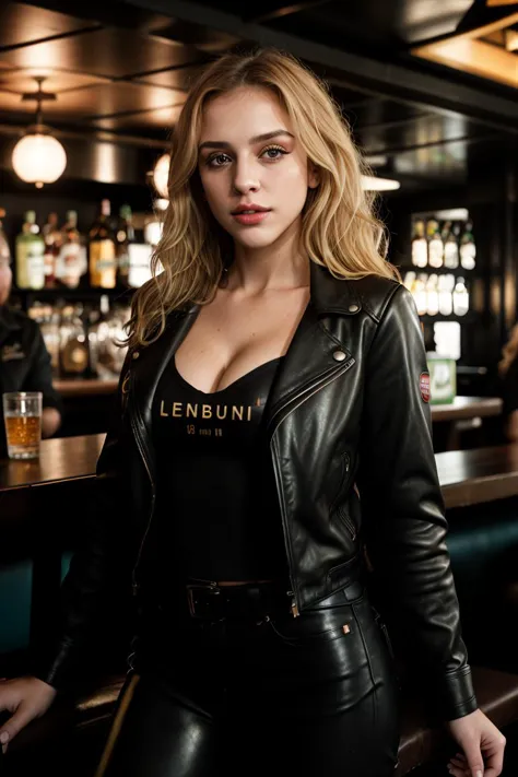 a close up of a woman in a leather jacket standing in front of a bar