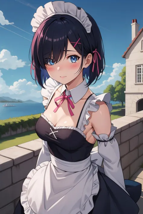 1girl, solo, breasts, looking at viewer, blush, short hair, blue eyes, hair ornament, dress, ribbon, medium breasts, blue hair, hair ribbon, outdoors, detached sleeves, sky, day, hair over one eye, apron, blue sky, maid, maid headdress, x hair ornament, pink ribbon, roswaal mansion maid uniform