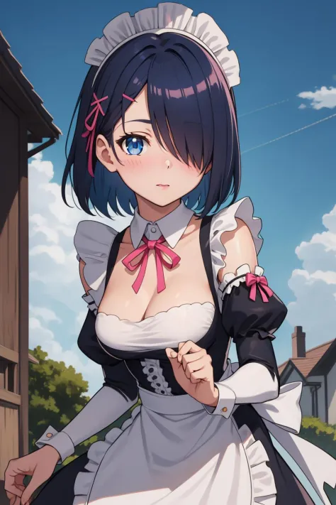 1girl, solo, breasts, looking at viewer, blush, short hair, blue eyes, hair ornament, dress, ribbon, medium breasts, blue hair, hair ribbon, outdoors, detached sleeves, sky, day, hair over one eye, apron, blue sky, maid, maid headdress, x hair ornament, pink ribbon, roswaal mansion maid uniform