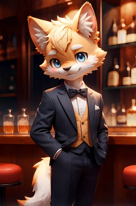 1boy,boy,solo,furry,kemono,pupils,bright_pupils,a tail,suit,formal_dress,bar,