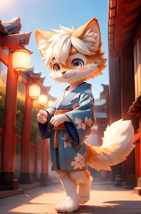 1boy,boy,solo,furry,kemono,pupils,bright_pupils,a tail,japanese_clothes,kimono,gohei,torii,