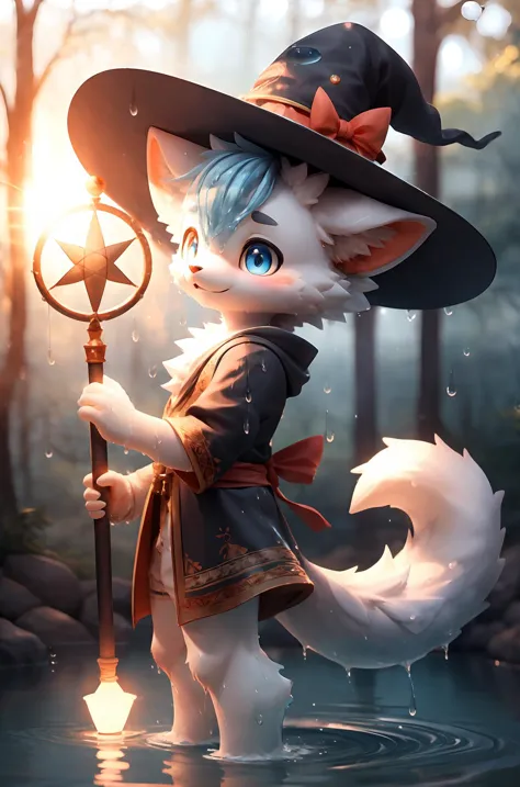 3D,1boy,boy,solo,furry,kemono,pupils,bright_pupils,a tail,mahousho,magic circle,witch hat,magic staff,((water drops)),((beautiful detailed water)),((floating)),dynamic angle,