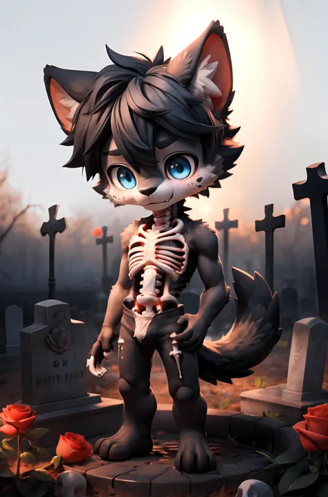 a cartoon cat with a skeleton in a graveyard