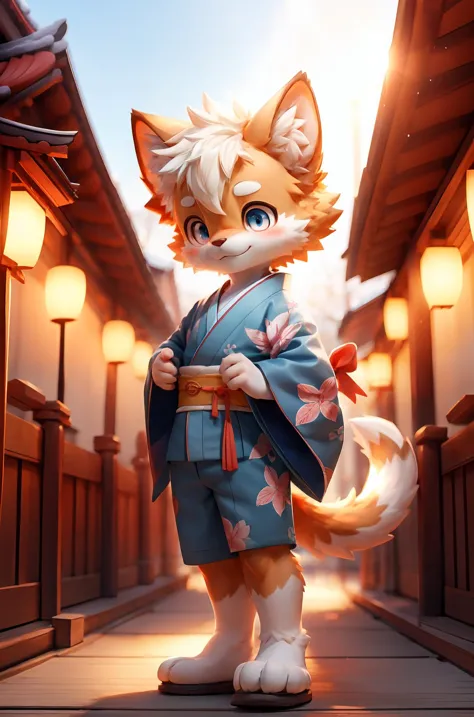 a cat in a kimono outfit standing on a street