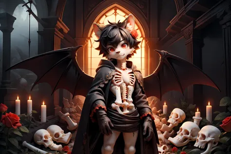 a close up of a person holding a doll in a room with skulls