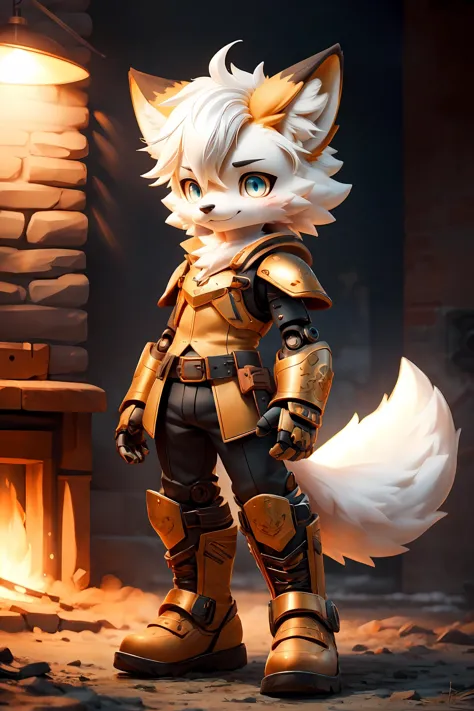 (masterpiece,best quality,hyper quality,8k,absurdres,insane details,intricate details,hyperdetailed,high detail,ultra detailed,realistic:1.4, ),1boy,boy,solo,furry,kemono,pupils,snake_pupils,luminous pupil,steampunk,machine_robo,robot_joints,full_shot,armored_boots,white hair,yellow_fur,fox_tail,