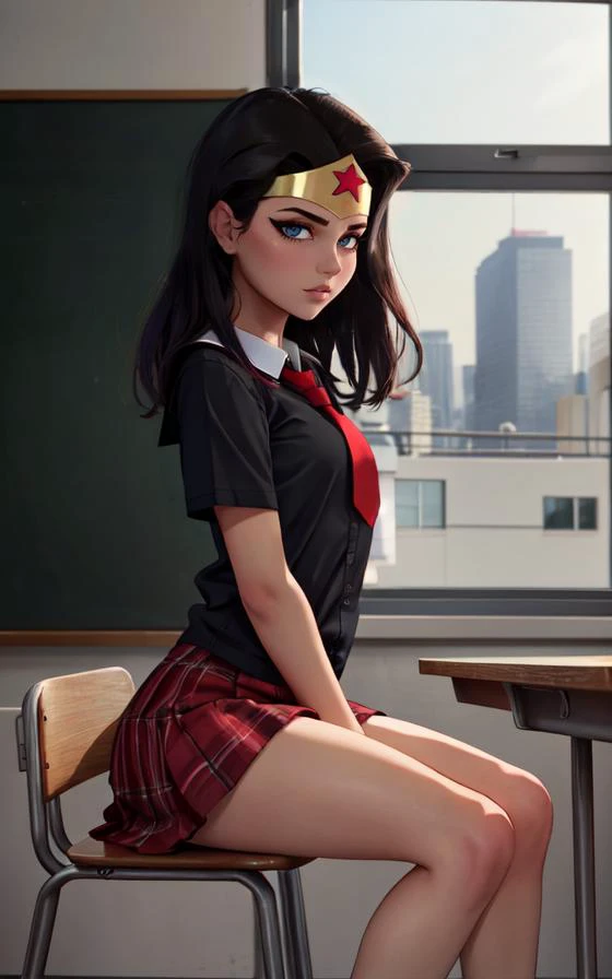 Obra maestra, mejor calidad, detalle increíble,  uniform, la camisa negra, falda roja, ((pecho plano)), sentado en el aula, (pelo negro), (manos en el regazo), corbata roja, camiseta blanca