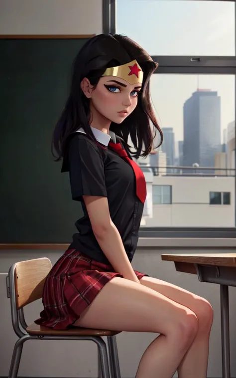 masterpiece, best quality, incredible detail, schoolgirl uniform, black shirt, red skirt, ((flat chest)), sitting in classroom, (black hair), (hands in lap), red tie, white undershirt