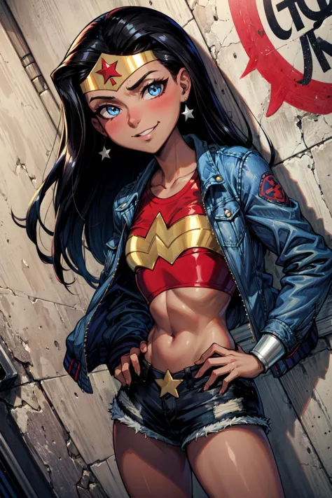 masterpiece,best quality,1girl,mature female,wonderwoman,black hair,long hair,blue eyes,dark skin,medium breasts,tiara,(jacket,c...