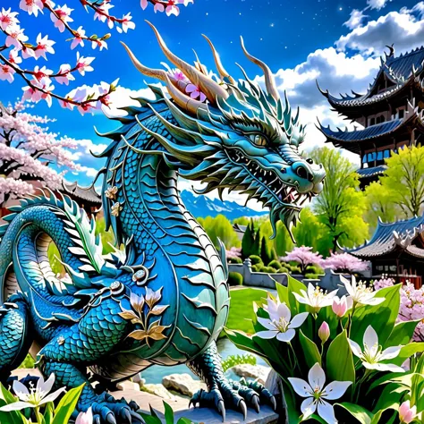 Walking with a dragon CL_4Guardians Azure_Dragon, in the background lush spring in Europe, HDRP, tone mapped HDR, wood carving dragon, blooming spring blossoms pearls diamonds in the background shining like stars, first spring leaves buds shoots