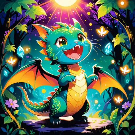 (best quality, high quality, masterpiece),Whimsical and Playful, cute baby dragon|cat, green, chibi, cute, roaring,  otherworldl...