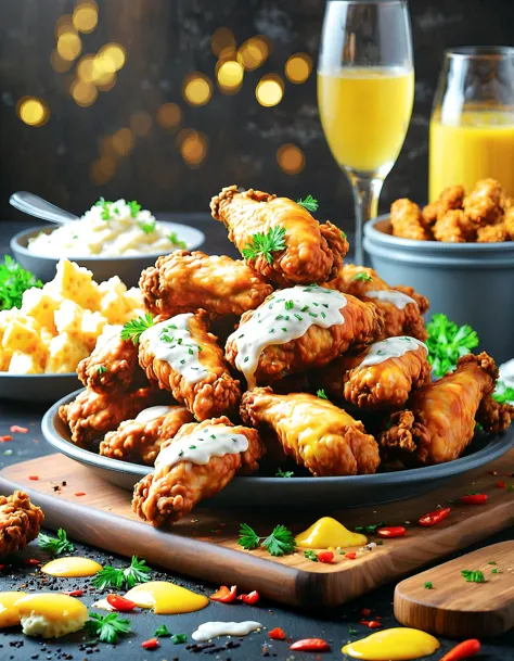food photography, closeup shot, fried chicken wings, advertisement photo, with cheese sauce, hot and spicy, depth of field, boke...