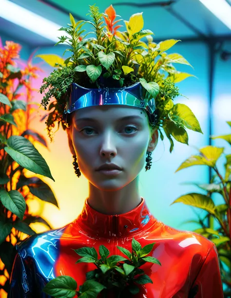 Biopunk Setting, frontal editorial Balenciaga model portrait, biopod hydroponic system container with plants on hear head, vibra...