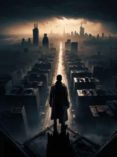 Bird's eye view of silhouette in trenchcoat overlooking a post-apocalyptic city,
ultra detailed, intricate, masterpiece, best qu...