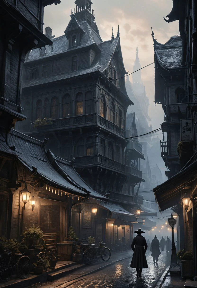 (Tuschezeichnung auf Pergament). Eine futuristische Die Stadt Yharnam, bloodborne, Ölgemälde, gemacht mit japanischer Pinseltechnik, Realistisch, extreme Detailliertheit, beängstigend, schrecklich, dunkle und warme Umgebung, 8k, meisterhaft stilisiert, von Jeff Easley und Terry Redlin 