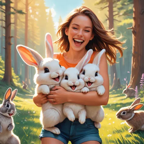 full body length photorealistic cinematic digital painting by ((( Béla IványiGrünwald ) and  Laurie Greasley ) and  Ryan McGinley ) and  Tim Doyle  of  cute happy woman holding up two cute bunnies while laughing maniacally, dual wielding bunnies 