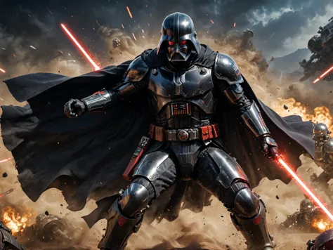 Darth Vader as a Space Marine, Space Marine power armor, black cape, holding a red lightsaber, warhammer 4k, dynamic pose, full ...