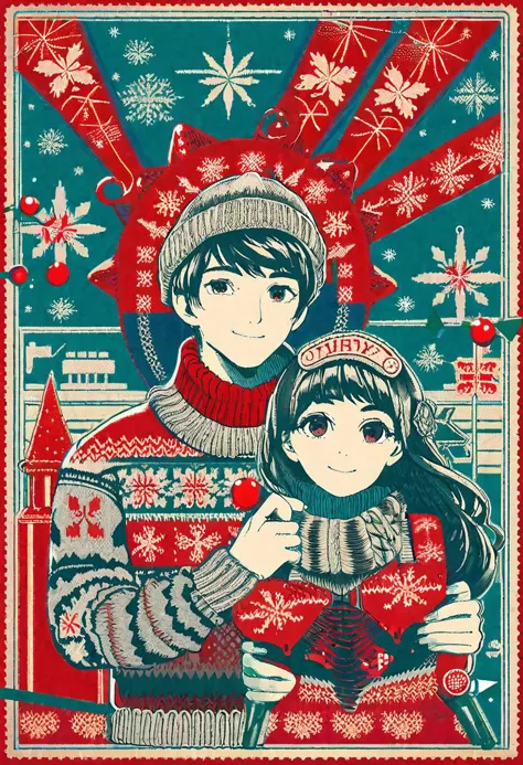 soviet banner style,
1girl, 1 boy,  wearing christmassweater, red theme, holliday, noel, uhd, cartpostal