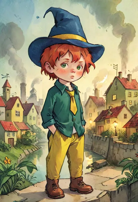 Children's book illustration of a {(chibi:1.125) ginger boy in ((very big dark-blue hat)), (red oversize shirt, long green tie, ...