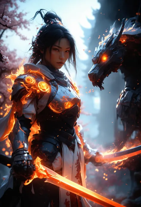 Cinematic shot of a female knight, holding glowing sword, fantasy village in background, reflective light, HD, masterpiece, best quality, hyper detailed, ultra detailed, super realistic, Giant mech warrior with a giant sword, cherry blossoms in the background, in the style of a cartoon, fantasy art, concept design in the style of Akihiko Yoshida, super realistic, ultra detailed, amazing quality, hkmecha, hkstyle, portrait, spirit animal, spirit tree, closeup, extreme closeup, visor, samurai, hood, sorceress, magic, mystical, mysterious, fire element, (composed of fire elements), highly detailed, intricate details, patterned robe, diffusion, bioluminescent, translucent, diffusion, atmospheric lighting, high contrast, armor made of flame, reverse gripping sword