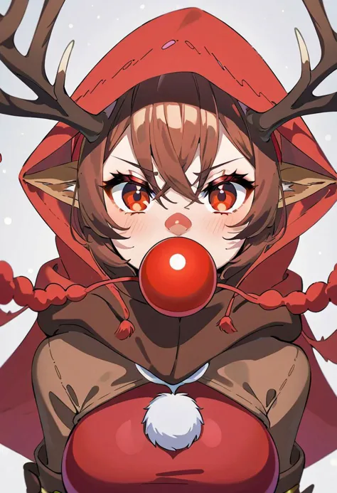 a close up of a person wearing a reindeer costume with a red nose