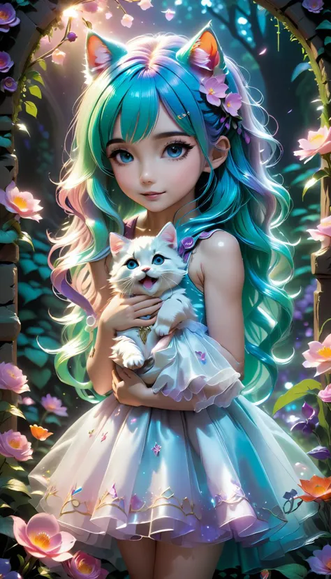 A captivating kittengirl with vibrant neon hair holds a kitten close to her heart, 1girl, enchanting and mysterious gaze draws t...