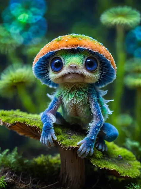 a close up of a small animal sitting on a moss covered tree