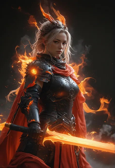 a woman in armor holding a sword with fire coming out of her