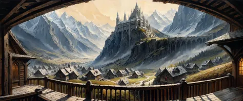 painting, American Scene Painting, landscape of a Striking Minas Tirith from inside of a Chalet, dense mountains, Hazy condition...