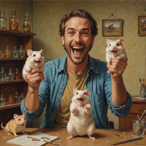 by Kurzgesagt and Mort Kunstler,chalksketch, full colorman holding up two cute hamsters while laughing maniacally, dual wielding hamsters 