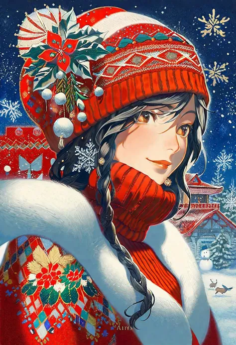に レイコ, 作者：オダノン 1人の少女の詳細な顔 夜の魔法の冬のワンダーランド, 美しい雪娘が現れる, クリスマスセーターを着て, 赤テーマ