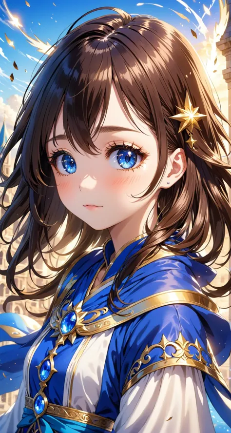 (close up:1.9), a (scared:1.8) teenage girl (long bob brunette hair:1.1), battlefield, blue and white mage robes, golden accents...