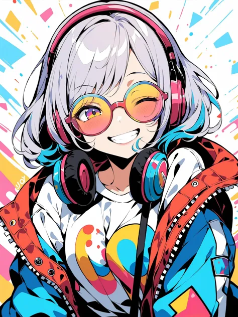 (masterpiece, best quality:1.3, colorful:1.3), 1girl, pop art clothes, oversize jacket, winking, small smile, joy, fun art style...