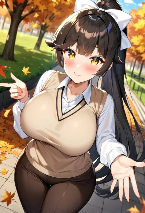 1girl, takao, azur_lane, black_hair, ponytail, very_long_hair, yellow_eyes, large_breasts, long_hair, hair_flaps, yellow_eyes,  white_bow, hair_ribbon, large_breasts, ribbon, hair_bow, (mature female:1.2), tall female, curvy, collarbone, beautiful face, highly detailed faces and eyes, shiny skin, shiny, smile, blush, pants, long_pants, brown_pants, blouse, white_blouse, sweater_vest, beige_sweater, brown_shoes, brown_loafers, standing, reaching_towards_viewer, outdoors, park, autumn, autumn_leaves, masterpiece, best quality, very aesthetic, absurdres, score_9, score_8_up, score_7_up, score_6_up,