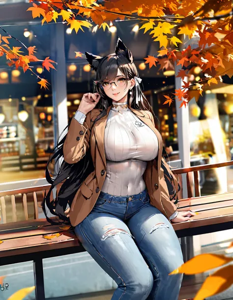 (masterpiece), (best quality), (ultra-detailed), 1girl, solo, atago \(azur lane\), dog_ears, black_hair, extra_ears, yellow_eyes, (mature female:1.2), tall female, large breasts, curvy, collarbone, beautiful face, highly detailed faces and eyes, shiny skin, shiny, long_hair, ribbon, skindentation, smile, swept_bangs, white_ribbon, brown eyes, mole_under_eye, very long hair, earrings, jeans, turtleneck sweater, brown jacket, open jacket, glasses, smile, outdoors, day, autumn, autumn leaves, sitting, cafe, coffee, masterpiece, best quality, very aesthetic, absurdres, score_9, score_8_up, score_7_up, score_6_up, by marushin, realistic, 2023, illustration, disheveled hair, detailed eyes, perfect composition, moist skin, intricate details, earrings, by wlop, 1girl, solo, atago \(azur lane\), dog_ears, black_hair, extra_ears, yellow_eyes, (mature female:1.2), tall female, large breasts, curvy, collarbone, beautiful face, highly detailed faces and eyes, shiny skin, shiny, long_hair, ribbon, skindentation, smile, swept_bangs, white_ribbon, brown eyes, mole_under_eye, very long hair, earrings, jeans, turtleneck sweater, brown jacket, open jacket, glasses, smile, outdoors, day, autumn, autumn leaves, sitting, cafe, coffee, masterpiece, best quality, very aesthetic, absurdres, score_9, score_8_up, score_7_up, score_6_up, by marushin, realistic, 2023, pretty, attractive, cinematic, extremely fine detail, stunning, gorgeous, breathtaking artistic, perfect composition, innocent, symmetry, light, sharp, chosen colors, ambient background, illuminated, professional, atmosphere, great focus, sincere, positive