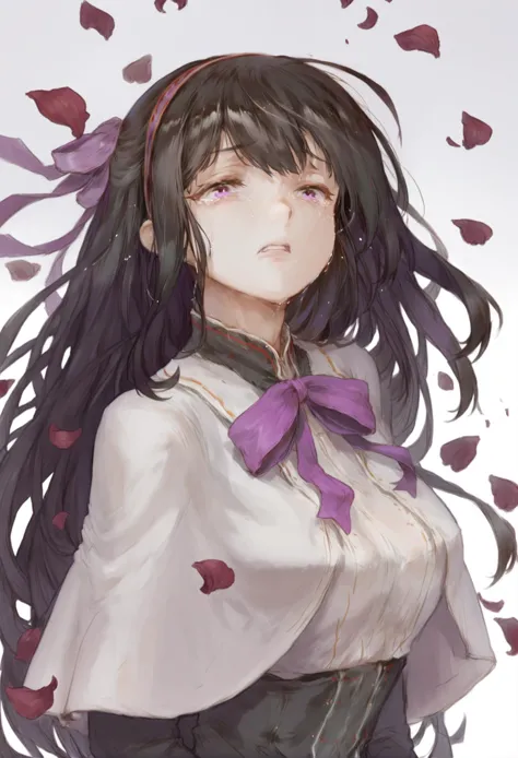 masterpiece, best quality,akemi homura, 1girl, solo, ribbon, long hair, white background, black hair, purple eyes, tears, simple...