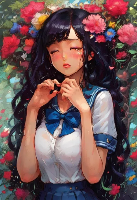 long hair, beautiful girl, japanese school uniform, cute pose, flowers falling, tears