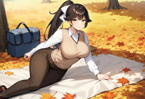 1girl, solo, takao, azur_lane, black_hair, ponytail, very_long_hair, yellow_eyes, large_breasts, long_hair, hair_flaps, yellow_eyes,  white_bow, hair_ribbon, large_breasts, ribbon, hair_bow, (mature female:1.2), tall female, curvy, collarbone, beautiful face, highly detailed faces and eyes, shiny skin, shiny, shy, pants, long_pants, brown_pants, blouse, white_blouse, sweater_vest, beige_sweater, brown_shoes, brown_loafers, smile, happy, looking_at_viewer, outdoors, park, autumn, autumn_leaves, sitting, sitting_on_ground, sitting_on_blanket, picnic, picnic_basket, picnic_blanket, masterpiece, best quality, very aesthetic, absurdres, score_9, score_8_up, score_7_up, score_6_up,