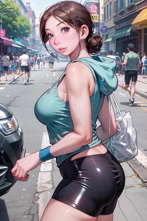 masterpiece, best quality,1girl,young girl,brown eyes,burn hair,lonely _face,shiny skin,(nice leg line:1.3),thin waist,huge breasts,
BREAK
Cycling shorts, mesh tank top, hoodie, sneakers, and sweatband
BREAK
around crowd:1.1,depth of field,looking at viewer,wariza,from side,upper body