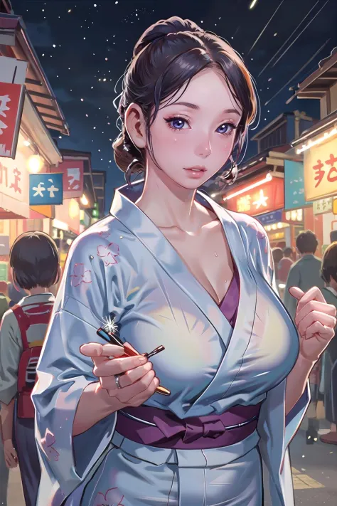 1 girl, solo, beautiful see-through Yukata, delicate pattern, beautiful neck , fireworks, complex background, night market, nigh...