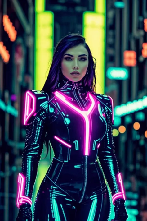 chef-d&#39;œuvre,Meilleure qualité,une photo de j3ss1ka,femme,habillée en déesse cybernétique,Mise au point de la tête,GlobalDétail,paysage cyberpunk futuriste,couleurs néon complexes