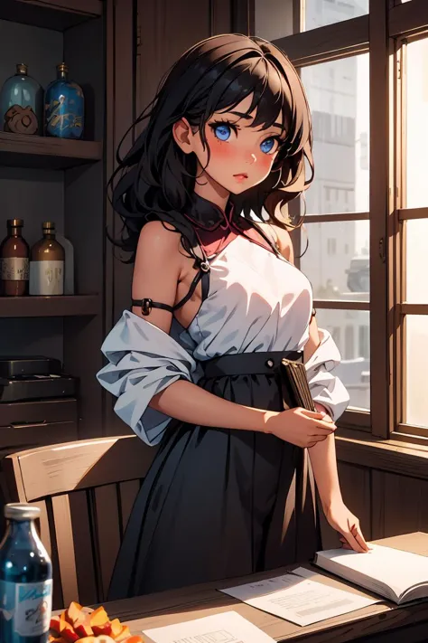 anime girl with blue eyes standing in front of a window