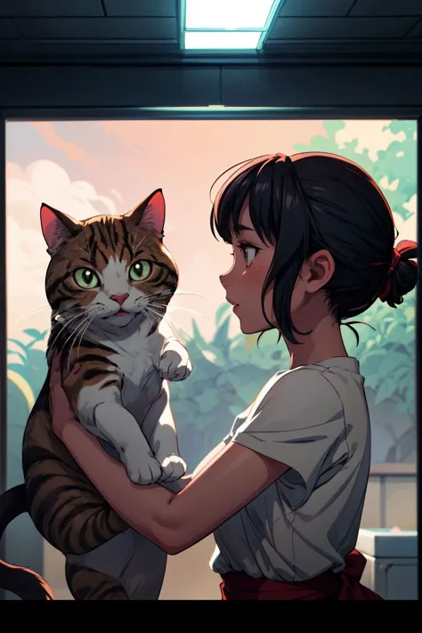 anime girl holding a cat in her arms in front of a window