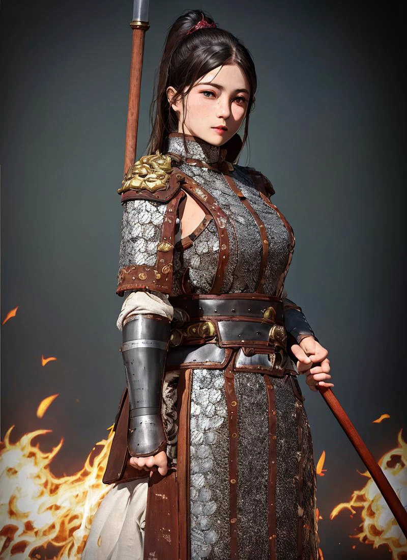 (photorealistic, realistic: 1.2), scale armor, wh chi armor, (masterpiece:1.1025), (best quality:1.05), (an extremely delicate and beautiful:1.05), (extremely detailed CG unity 8k wallpaper:1.05), (absurdres:1.05), (ultra-detailed:1.05), (1girl:1.1), cowboy shot, (holding polearm:1.3), (spear:1.3), (fighting stance:1.3), hanfu, looking at viewer, serious, detailed black hair, ponytail, bangs, detailed black eyes, armored headband, armored dress, armored gloves, gorget, flames of war, detailed background, depth of field, outdoors, gold trim, red trim, (eastern dragon pattern:1.1), shiny skin, delicate pattern, intricate detail