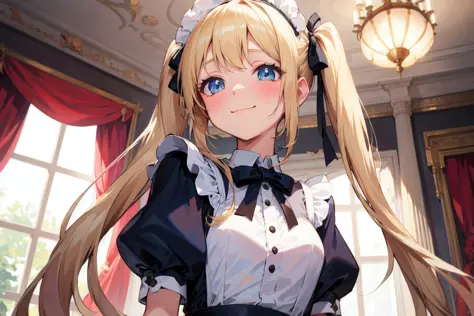 Luxurious house, shining chandeliers,from below,(very cute little girl,blush,closed mouth) smile,medium breasts,maid headdress,maid costume,(twintails,long blonde hair:1.2) BREAK hair bow,drooping blue eyes,