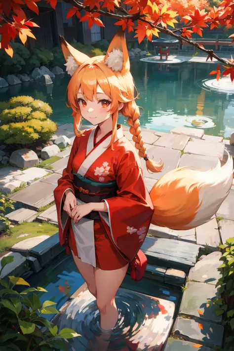 japanese garden,cinematic lighting,from above,(very cute girl,closed mouth) smile,small breasts,Traditional Japanese red Dress,red kimono,fox ears,orange eyes,Braids, blonde hair