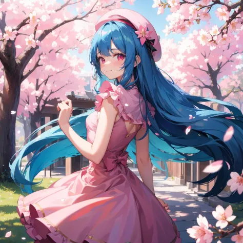 morning sun,lens flare,specular reflection,cinematic lighting,looking back,(very cute girl,closed mouth) smile,small breasts,(cherry blossom:1.2),pink beret,gothic pink dress, center frill,(ruby eyes) BREAK long Blue hair,
