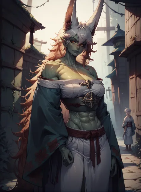 a woman in a horned head and cape standing in an alley