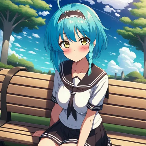 anime girl sitting on a bench in a park with a blue hair